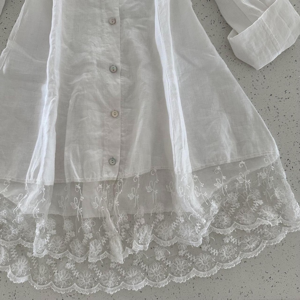 Tempo Paris White 100% Linen Lace Trim Tunic Top Boho Made in Italy S 7 - Picture 3 of 6